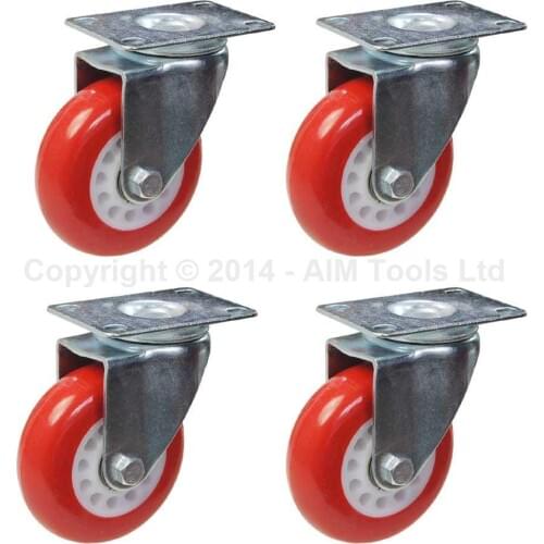 4PC Heavy Duty PU Wheel Castor Set Red Brake Swivel Fixed 3" 75mm