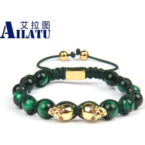 Ailatu New Luxury Double Skull Macrame Bracelets with 8mm Natural Tiger Eye Stone Beads Top Quality Logo Service Rope Chain Men