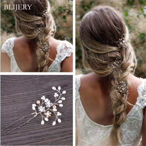 BLIJERY Fashion Bridal Hair Accessories Pearls Crystal Beaded Hairpins Flower Hair Stick Bridesmaid Wedding Hair Jewelry Gifts