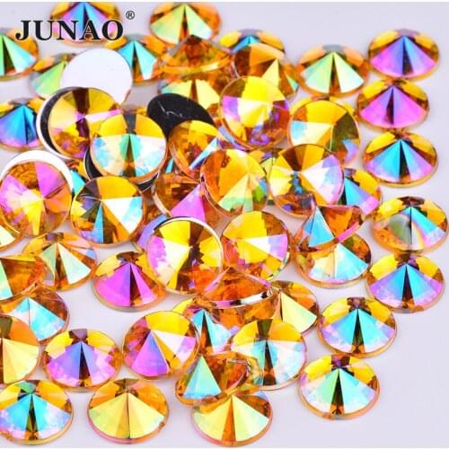 JUNAO 4 5 6 10 mm Yellow AB Rivoli Flatback Rhinestones Decoration Round Strass Crystal Gule On Garment Applique DIY Crafts