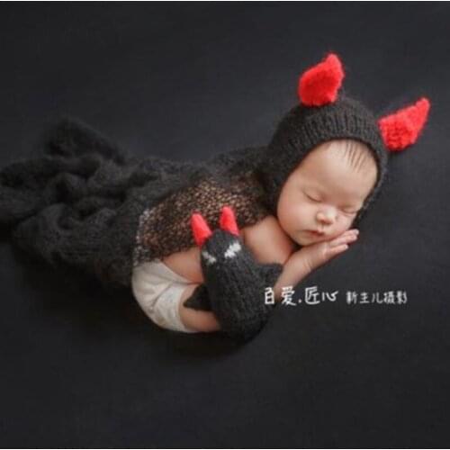 Devil Crochet Baby mohair bonnet wrap set with Toy Hand knitted Mohair baby wrap photography props Newborn wrap and bonnet set