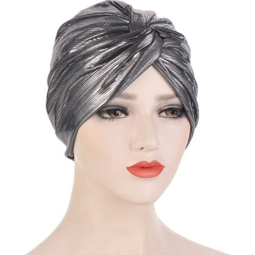 Helisopus Metallic Cross Knot Turban for Women Hair Scarf Muslim Elastic Shiny Hijabs Head Wrap Beanie Chemo Hat Bandanas