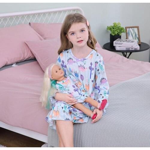 Girls Summer Long Sleeve O Neck Dinosaur Print Cotton Nightdress Sleepwear Girls Outfit Children Gift Kid Sleepwear