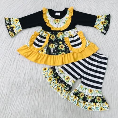 Lovely Sunflower printed pocket Clothing-Sets Toddler Girls Long Sleeve Bell Bottoms set Boutique Kids Outfits