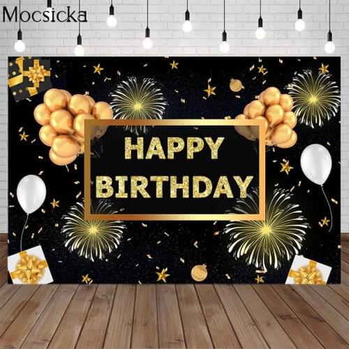 Mocsicka Happy Birthday Backdrop Golden Balloons Firework Gift Box Photography Background Custom Party Decoration Props Banner