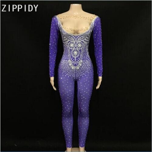 Fashion Flashing Rhinestones Spandex Purple Jumpsuit Womens Birthday Party Celebrate Outfit Nightclub Singer Wear Leggings