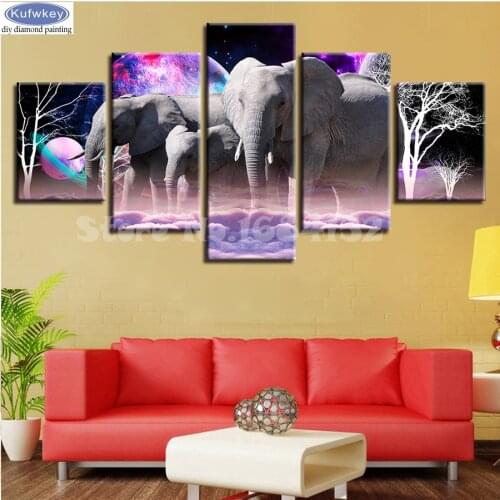 5pcs Full Square Drill 5D DIY Diamond Painting" Elephants/Abstract Planet" Multi-picture Combination 3D Embroidery Mosaic kit