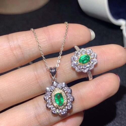 Real Natural Emerald jewelry set Natural Real Emerald 925 sterling silver 1pc pendant,1pc ring
