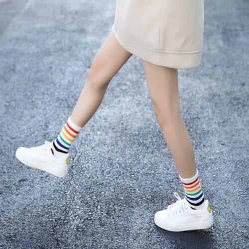 Women Socks Rainbow College Style Sport Cotton Pile of Socks Breathable Tide Socks Superelastic Ins Happy Funny Socks