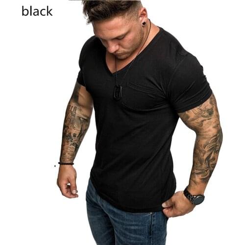 New pocket Men Tshirt Spandex Fitness Gym Clothing Man Tops Tees T Shirt For Male Solid Color Tshirts multi Colors T-Shirt M-5XL