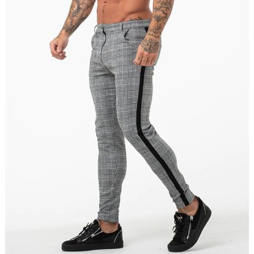 Gingtto Mens Chinos Slim Fit Skinny Pants For Men Chino Trousers Plaid Design Fashion Grey With Stripe at Side zm353
