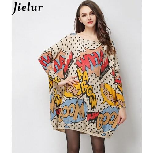Jielur 2021 Autumn Large Size Clothes for Women Attractive Letter Printed Sweaters Pullovers Loose Fashion Knitted Sweater Long