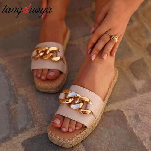 Metal Button Designer Slippers Women Shoes Square Toe Womens Slippers PU Ladies Shoes Summer Soft-soled Slides Flats Sandals