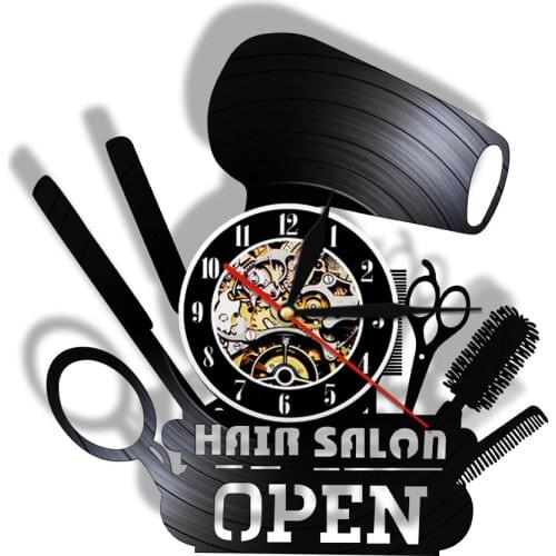Hair Salon Open Vinyl Record Lamp Night Light Barber Shop LED Wall Clock Comb Scissors Hair Dryer Modern Design Slient Watch