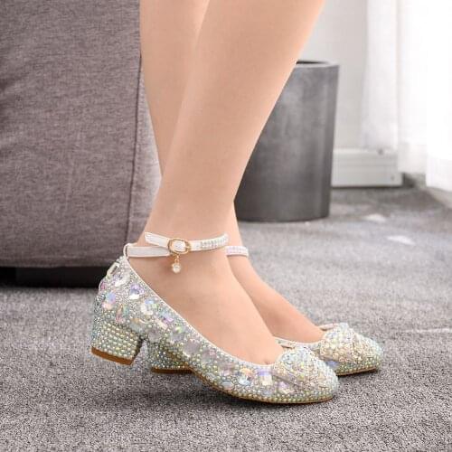 Wedding Shoes Woman Pointed Toe Square Crystal Bow Bling High Heels Buckle Shallow Party Pumps
