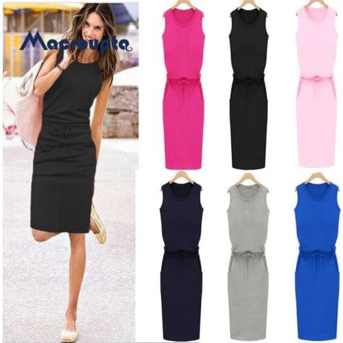 Women Fashion Solid Holiday Sleeveless Pockets Lace-up Pencil Sundress Ladies Summer Beach Casual Party Plus Size