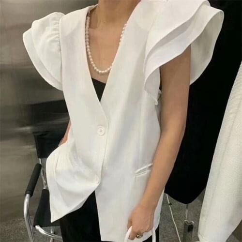 MESTTRAF Women 2021 Fashion Casual V-neck Lotus Leaf Short sleeve Tops Retro Pocket Decorative Coats Streetwear