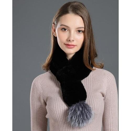 Winter Womens Scarf Real Rex Rabbit Fur Soft Warm 2019 New knitted Scarves Female 80cm length Genuine Fox Fur Pompom Scarf
