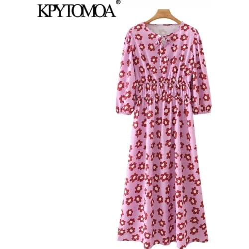 KPYTOMOA Women 2021 Fashion With Tied Floral Print Midi Dress Vintage Tied O Neck Three Quarter Sleeve Female Dresses Vestidos