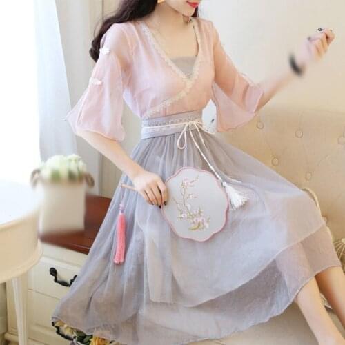 1pcs New Summer Ancient Costume Hanfu Womens Chinese Style Clothes Dance Performance Dress Daily Clothing Suit Women Girl Gift