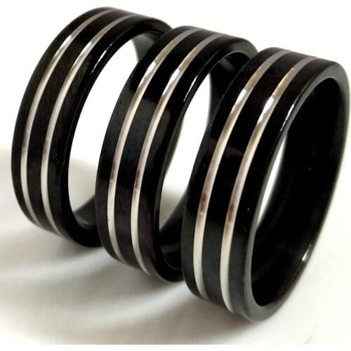 30pcs Men Women Two Lines Groove Black 6mm Wide Comfortable Stainless Steel Rings
