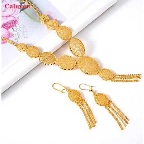 Arabic Dubai Jewelry Set for Women Summer Cooper Earrings Ethiopian African Chain Gold Color Necklace Wedding Bridal Gift