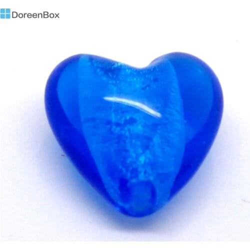 10 PCs Doreen Box Love Heart Lampwork Glass Beads Blue Color For DIY Bracelet Necklace Jewelry Making 20x20mm, Hole size: 2.4mm