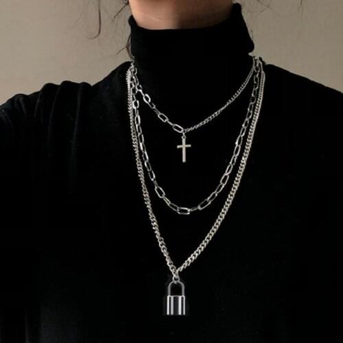 Hip Pop Punk Multi Layered Lock Pendant Necklace For Women Men Silver Color Cross Pendant Charms Chain Long Necklaces Jewelry