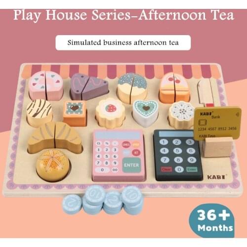 Wooden Childrens Play House Kitchen Toy Set Early Education Afternoon Tea Simulation Cashier Cut Fruit Role-playing Kids Gifts