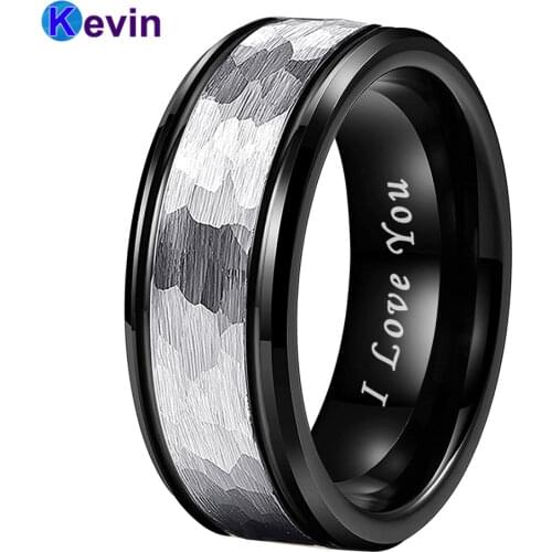 Black Blue Men Women Tungsten Ring Wedding Bands With Offset Blue Groove 8MM Comfort Fit