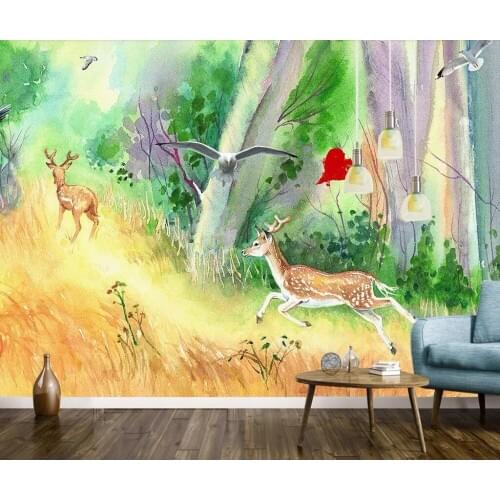 Watercolor hand painted forest deer modern Nordic hand painted background wall painting