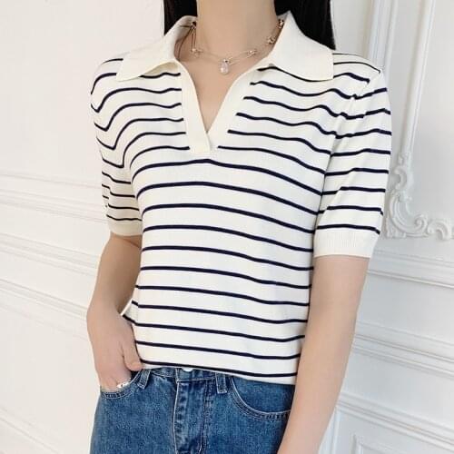 Womens Polo T Shirt Cotton Striped Knitted Short Sleeve Tee 2021 Summer Fashion V Neck Thin Straight Ladies Top Tshirt