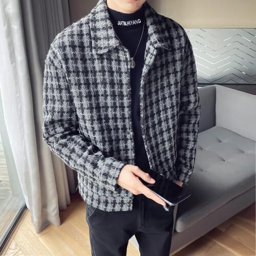 Plaid Short Mens Wool Trench Coat Jackets British Style Men Harajuku Loose Windbreaker 2020 Winter Steetwear Ropa De Hombre