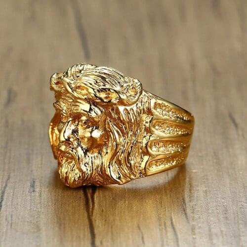 Modyle Mens Gold Tone Jesus Head Portrait Rings Vintage Stainless Steel Religious Jewelry Gift for Devout Prayer Christian