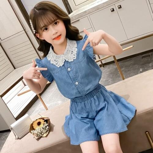 Girls Denim Set Summer Two-piece Set of Large Children Korean Version of Fashion Casual Skirt Pants Set