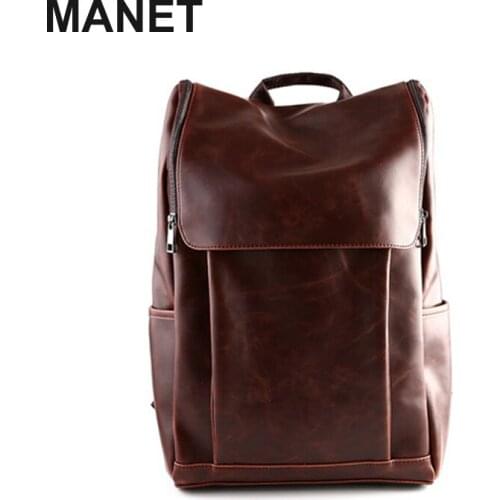 MANET Large Capacity Backpack Short-distance Travelbag Korean Style Student Bag Mens Pu Leather Handbag Computer Schoolbag