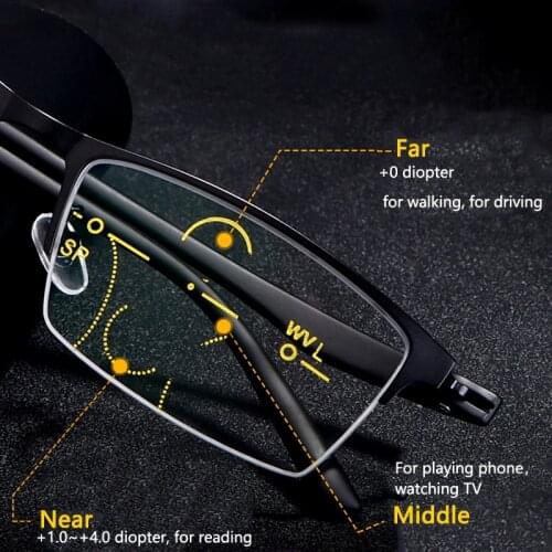 Progressive Multifocal Reading Glasses Men Presbyopia Anti-Blue Light Tr90 Half Metal Frame Anti-Scratch Coating 125 175 225 275