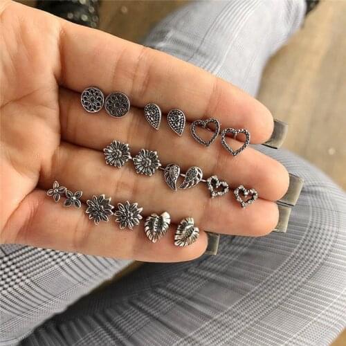 Modyle Lotus Heart Wings Leaf Unique Design Vintage Small Stud Earrings Set For Women Punk Geometric Animal Ear Aros