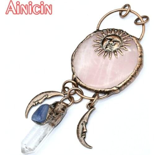 New Arrival Sun Moon Totem Natural Rose Quartz Crystal Kyanite Stone Charms Big Circle Pendants For Exaggerated Jewlery Making