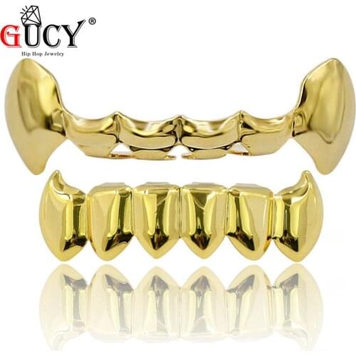 GUCY New Fit Hip Hop Teeth Grills Caps Gold Color Plated Half Fang Top & Solid Fangs Bottom Grillz Vampire Set.Gift Party