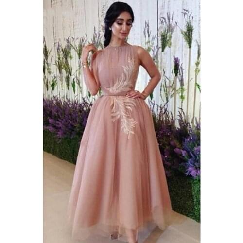 O Neck Pink Tulle Dubai Arabic evening dress Tea Length Lace Appliques evening gown Abiye formal dress Party Robe de soiree