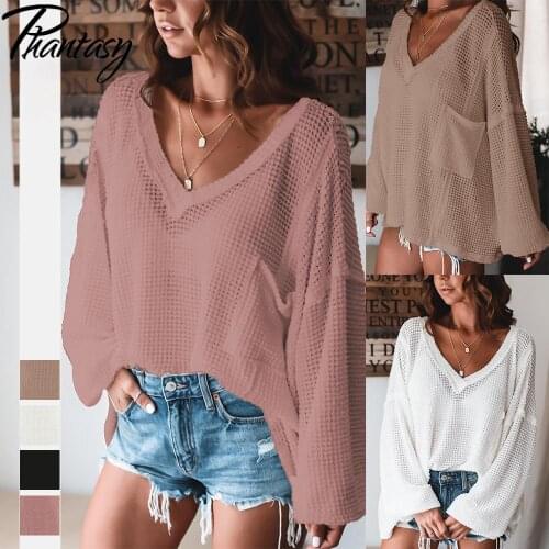 Phantasy Fashion V-Neck Hollow Pullover Women Autumn Tops Lantern Sleeve Loose Blouse Knitted Jacquard Mesh Casual Streetwear