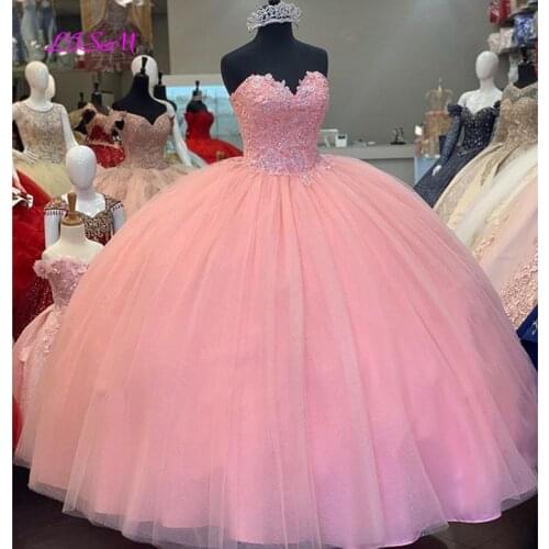 Pink Ball Gown Quinceanera Dress 2021 Lovely Sweetheart Lace Appliques Beaded Prom Party Dresses for Girls 15 Years