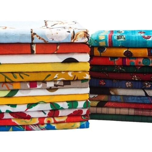 Width 57'' National Style Dark Grid Printed Cotton Linen Fabric By The Half Yard For Dresses Shirts Trousers Material