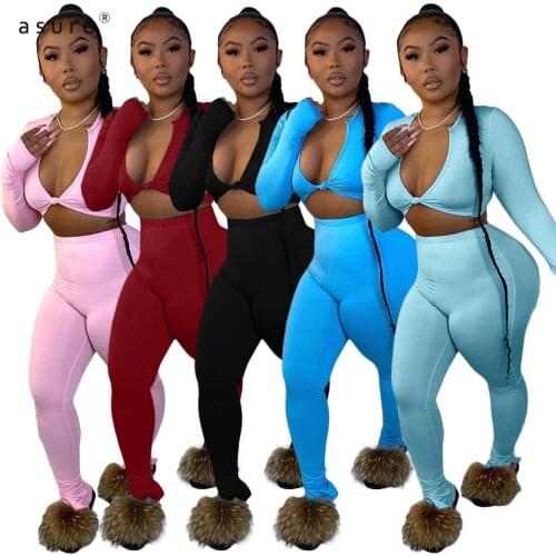 Tracksuit Women Sexy Club Outfit Jogging Full Female Sportswear Office Suit Crop Top And Pant Two Piece Set Home Clothes ALS208