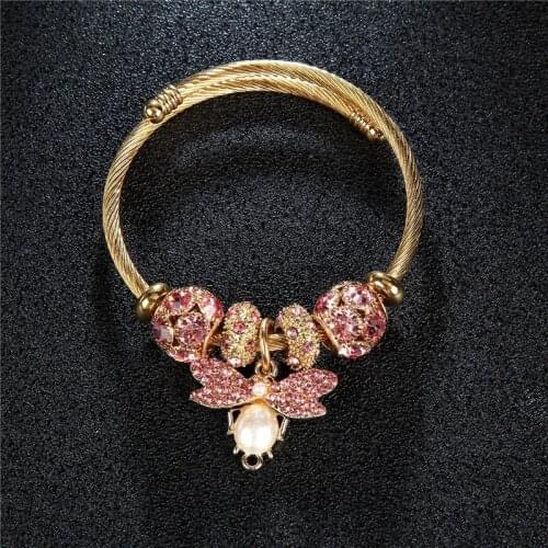 Gold Color Stainless Steel Bracelets & Bangles for Women Crystal Bee Charms Simulated Pearl Cuff Bracelet Femme Fashion Jewelry