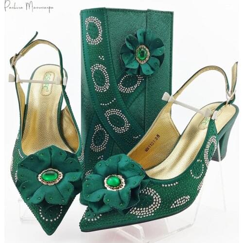 New Fashion Italian Design Women Wedding Pumps with Purse Nigerian Matching Shoes and Bag Sets Mid Slippers in Green Color