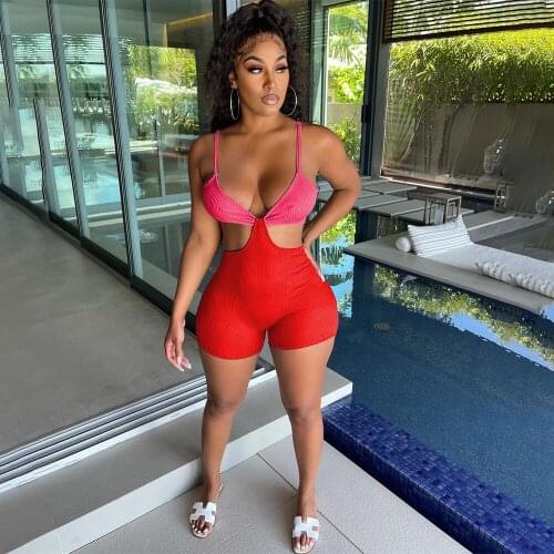 Echoine Ribbed Color Patchwork Strap Playsuit Skinny Bodycon Women Rompers Sexy Party Club Backless Jumpsuit Streetwear Outfits