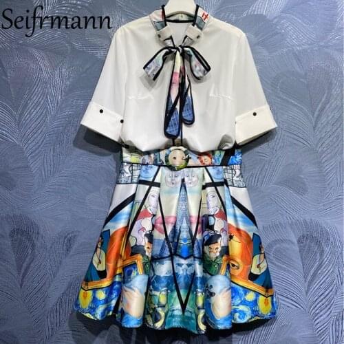 Seifrmann New 2021 Summer Women Fashion Runway Skirts Set Half Sleeve Loose Blouses + High Waist A-Line Skirts 2 Two Pieces Suit