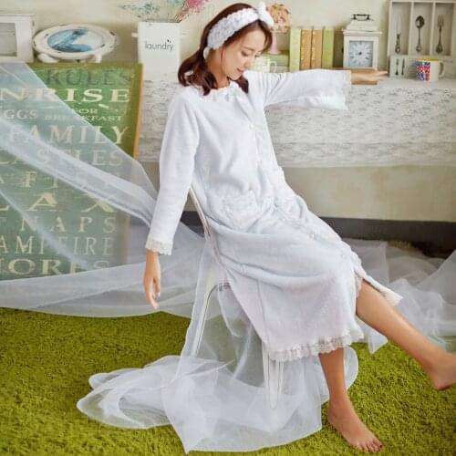 Women dress home wear autumn gowns winter new pajamas ladies thick flannel night gown sweet lace princess yukata kimono robe